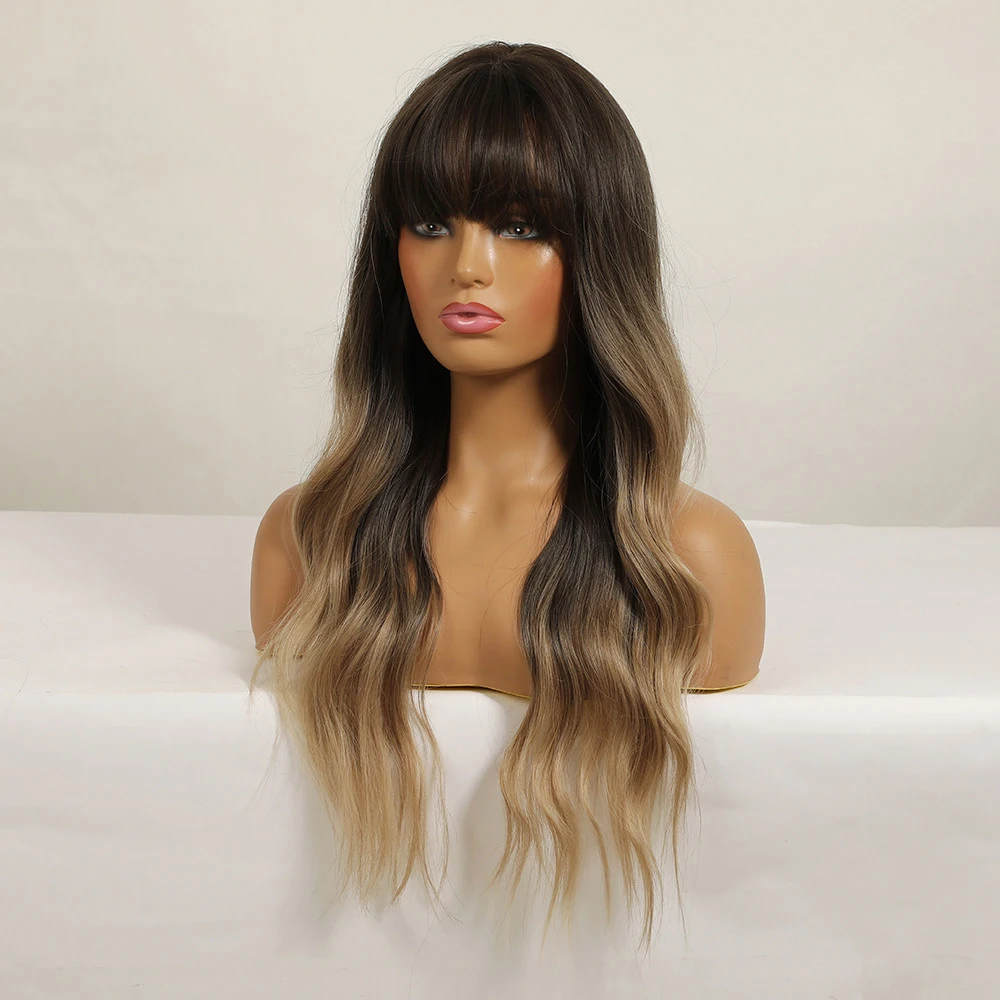 

It is suitable for white and black women to use synthetic wig for daily party. Long wave root dark light gold wig