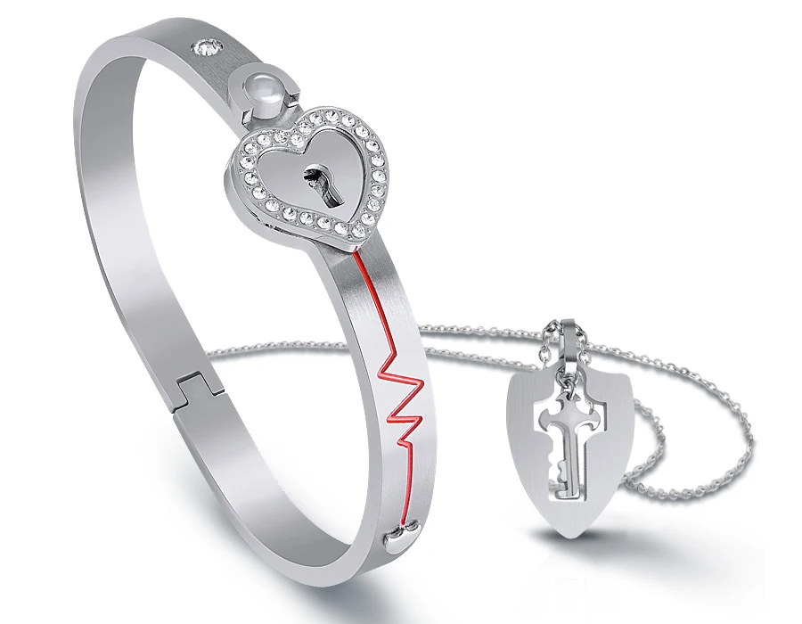 

Fashion Couple Jewelry Stainless Steel Key Concentric Lock Necklace Bracelet Set 100 Languages I Love You Bracelet