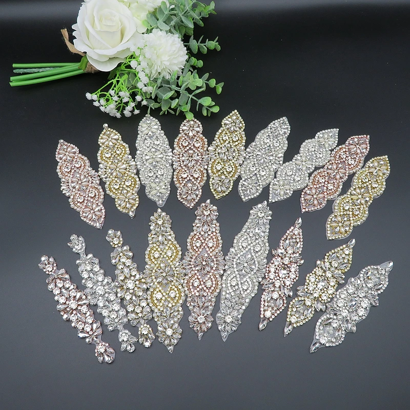 

Wholesale Handmade  Crystal Bridal Sash Iron on Hot fix Rhinestone Applique Patches for Wedding Dress Cloth Bag, White,rose gold,gold, custom