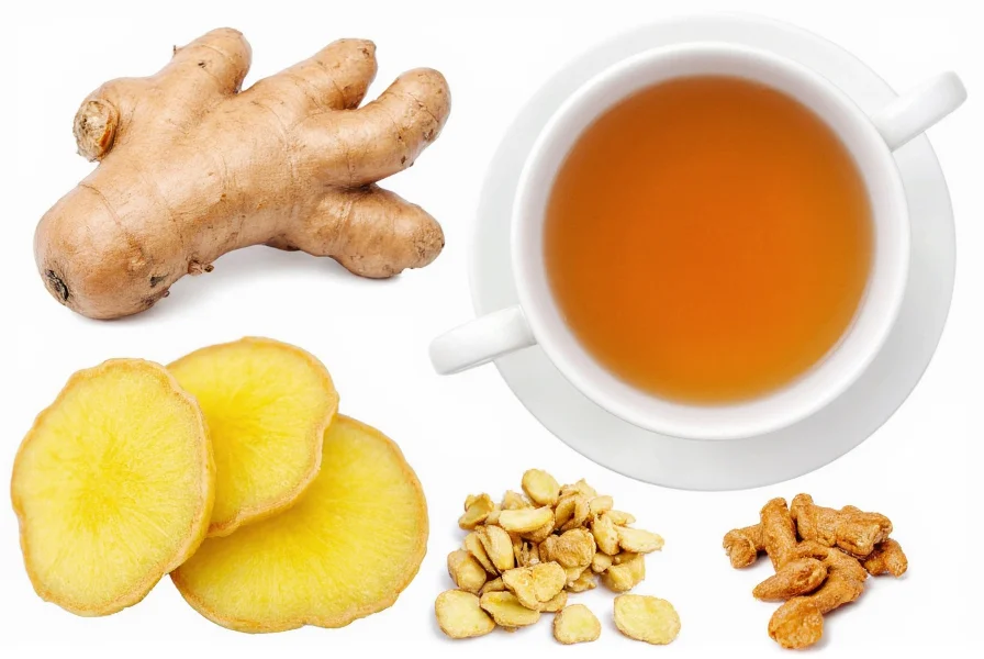 Various ginger tea preparations showing fresh ginger slices, dried ginger pieces, and brewed tea