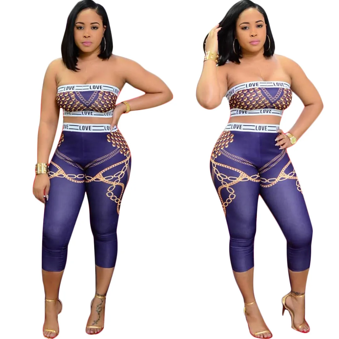 

2021 new summer Casual breast wrapping fashion women's 2-piece print tight Yoga suit