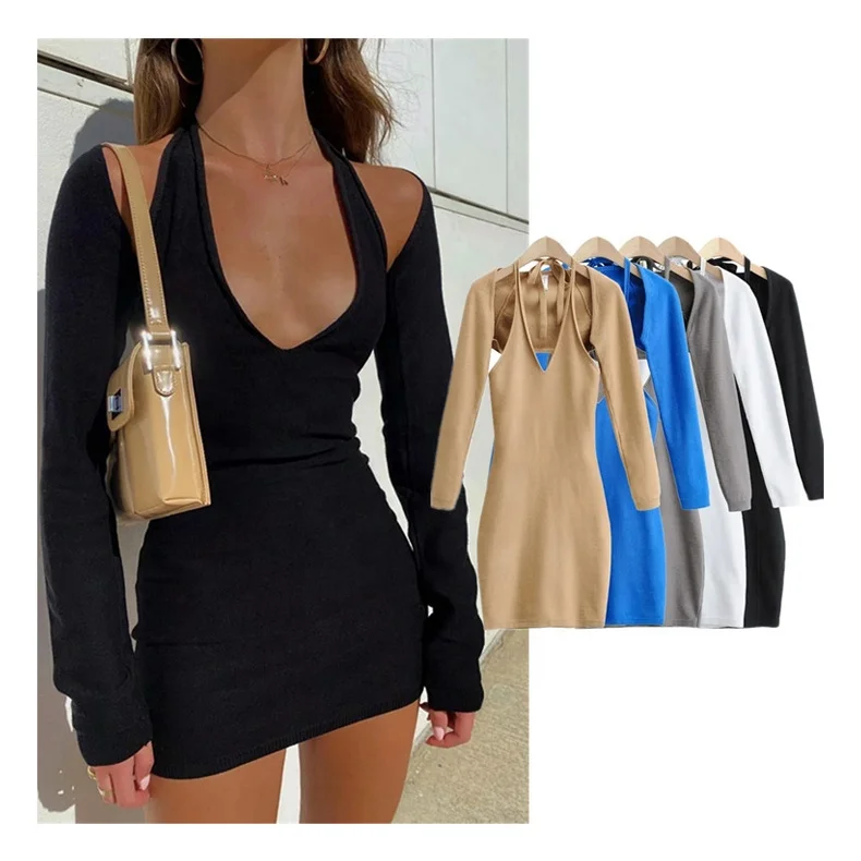 

Wholesale Women Bodycon 2 Piece Set Knitted Crop Top + Ruffles Halter Summer Dresses