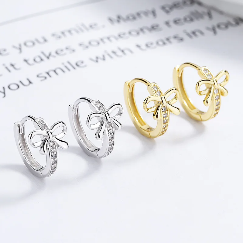 Fashion Jewelry Earrings 925 Sterling Silver Bow Zircon Earring Bowknot Gold Plated Hoop Earrings for Women