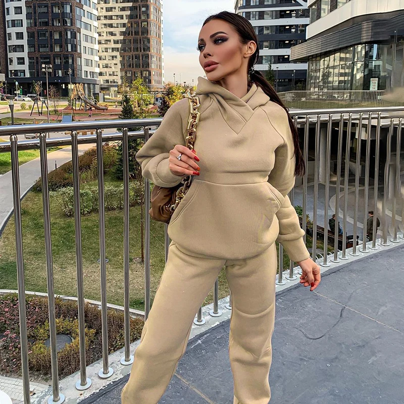 

Best Sale 2020 Casual 2piece Set Women Fashion Hooded Tops And Long Pants Set Ladies Two Piece Set Tracksuit With Pocket, Apricot