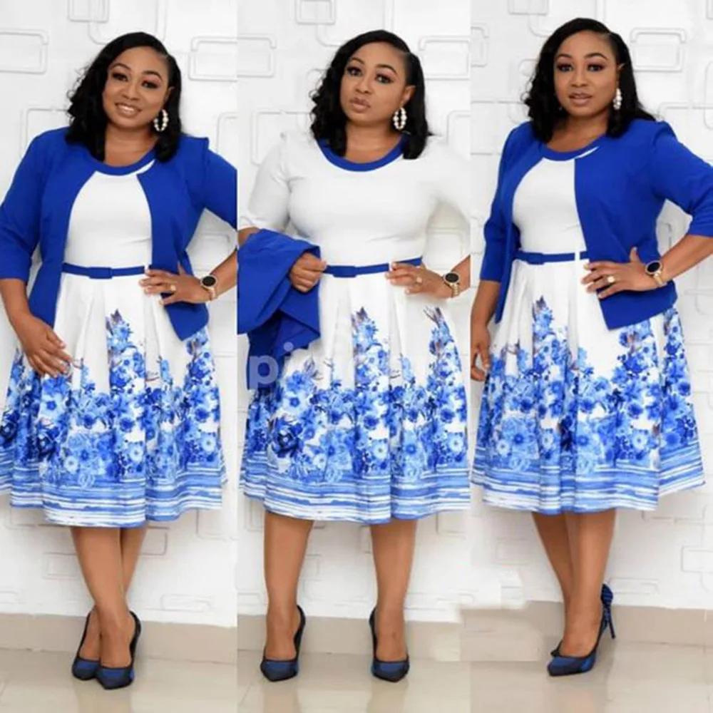 

US size 5XL African plus-size women's printed dress suit with belt, As showed