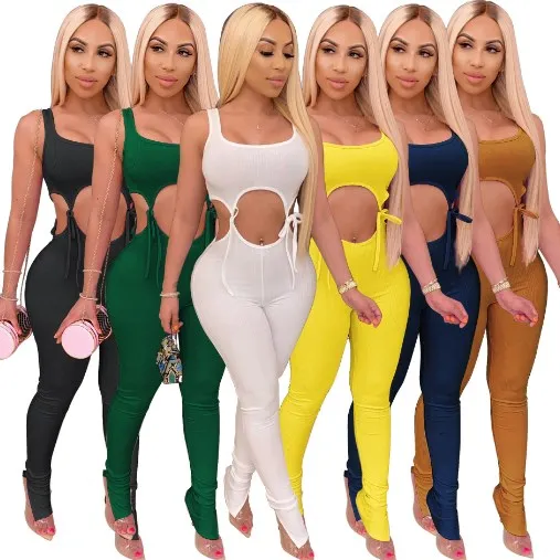 

Summer Hollow Out Two Piece Sets tube top pants Lace Up Outfit Tracksuit Clothes for Women, 6 colors