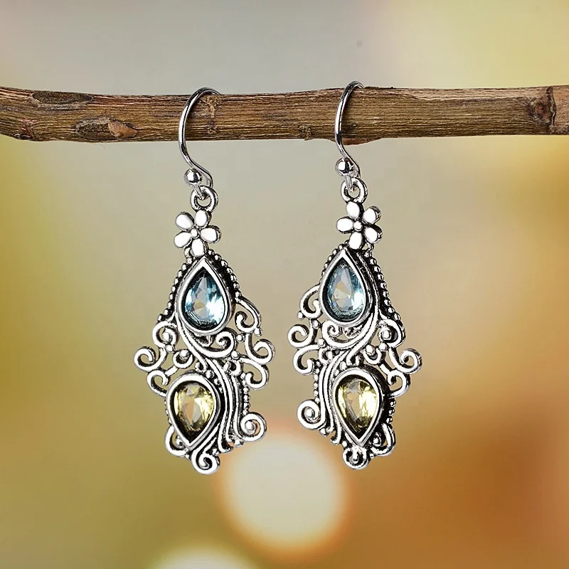 

Vintage Korean Flower Water Drop Crystal Long Copper Drop Earrings For Women Statement Hanging Dangle Earrings Jewelry