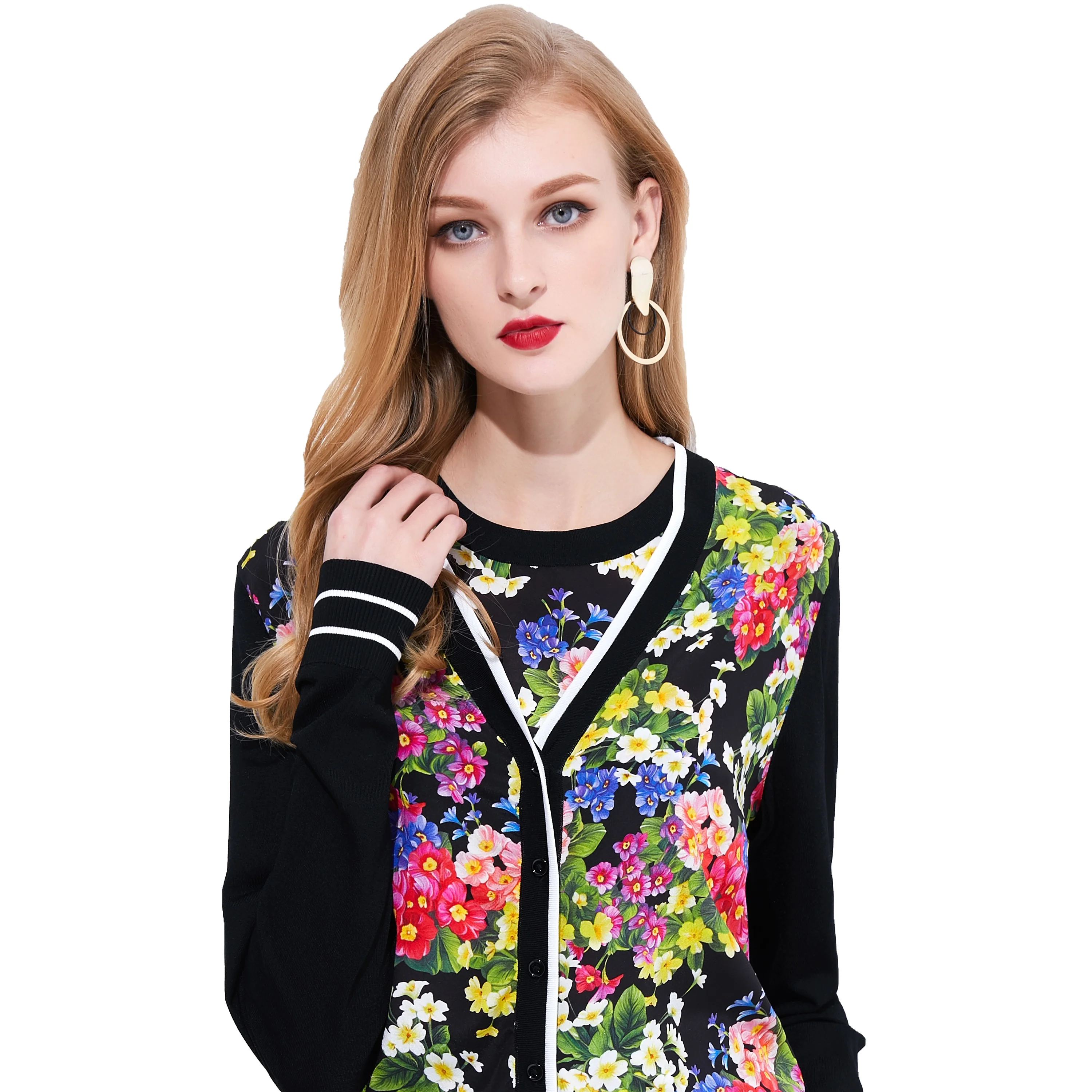 

Single Button Long Sleeve V-neck Black Irregular Autumn Floral Italian printed 100%silk and 100%polyester Elegant Women Coats