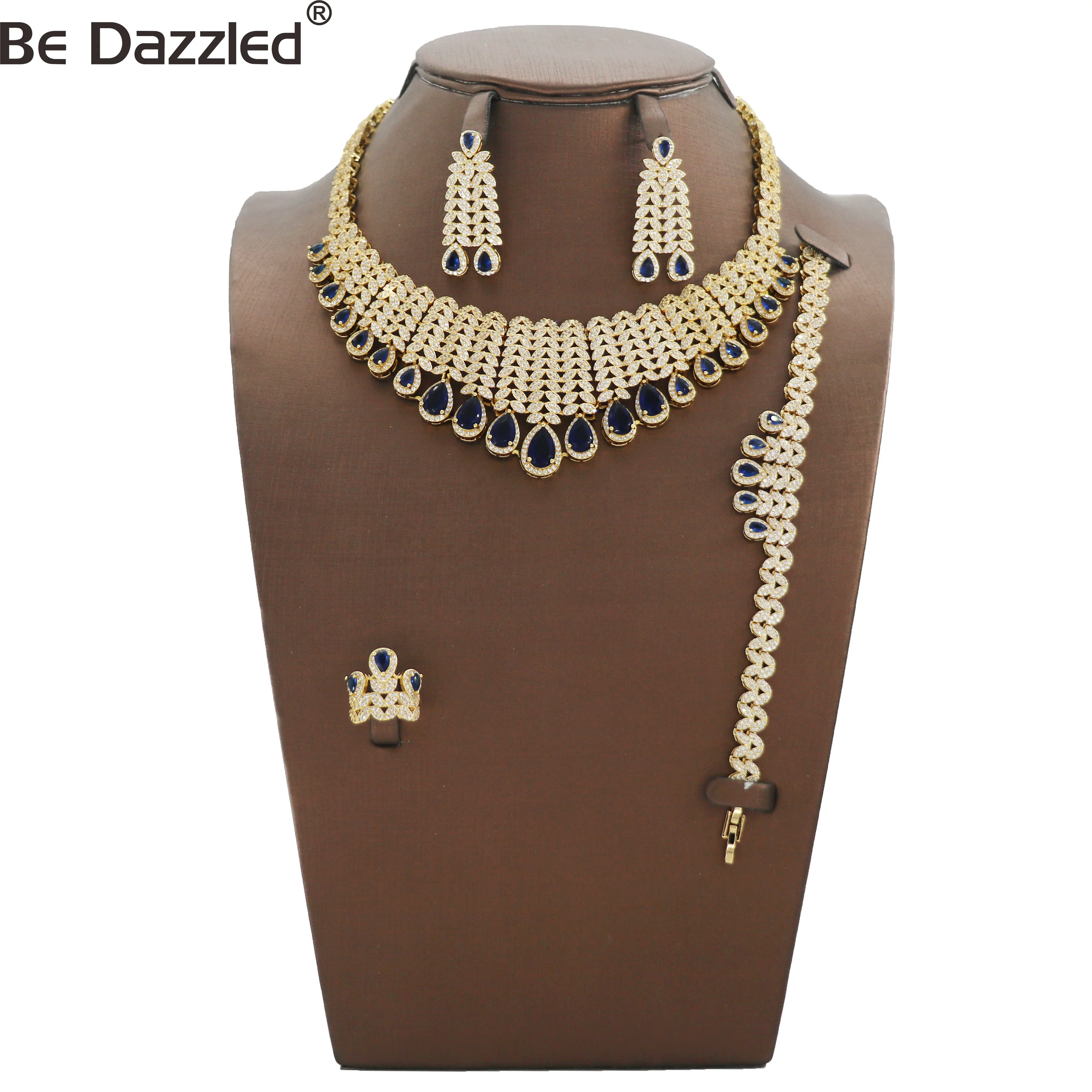 

Bedazzled fashion african bridal bling blue stone wedding jewelry+luxury heavy saudi gold plated zirconia dubai Big jewelry set