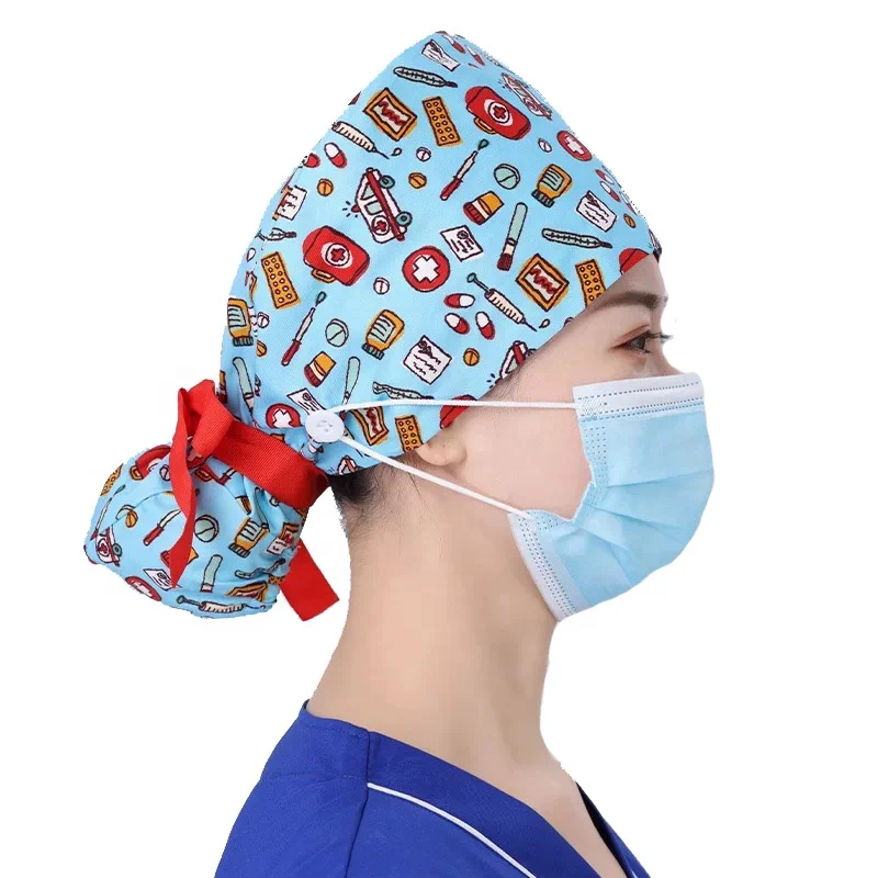 

Cartoon Print Women Lovely Designs Nurse Ponytail Scrub Hats With Buttons And Ribbons, Solid dyed&printed