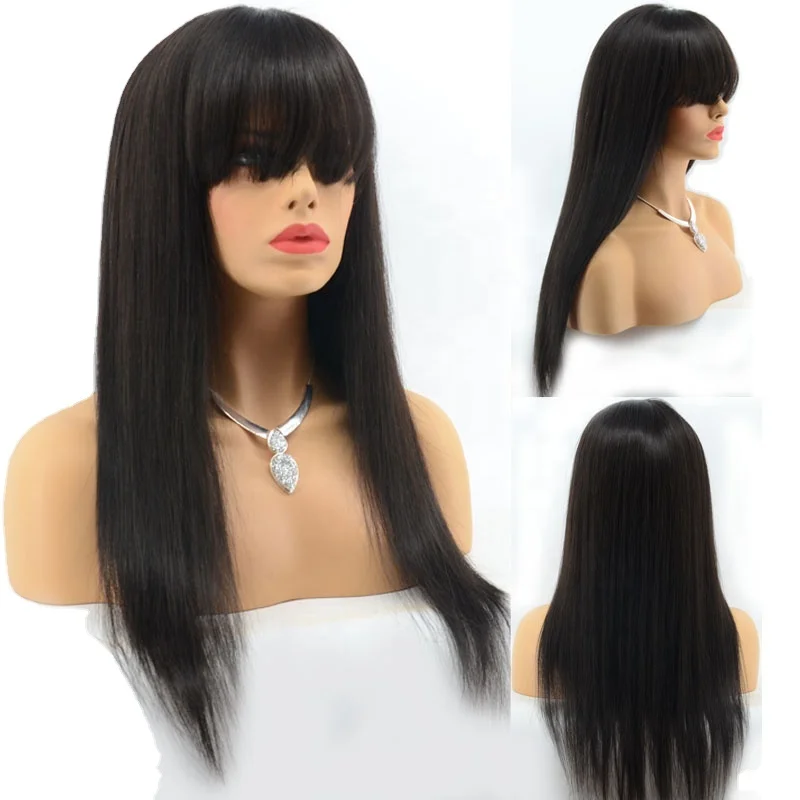 

Silky Straight Indian Remy Human Hair Lace Front Wig With Bangs 13*6 Deep Part Frontal Lace Wigs Fringe Bleached Knots