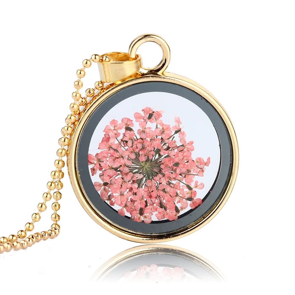 

Fashionable Transparent Glass Necklace Pink Lace Dried Flower Gold Plated Pendant For Women