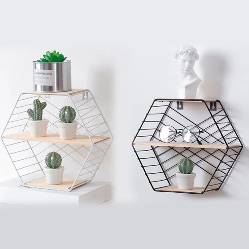 

Grid Wall Mounted Hanging Home Bedroom Display Hook Flower stand Shelf Hexagonal 3 layers Iron Rack Organizer Art