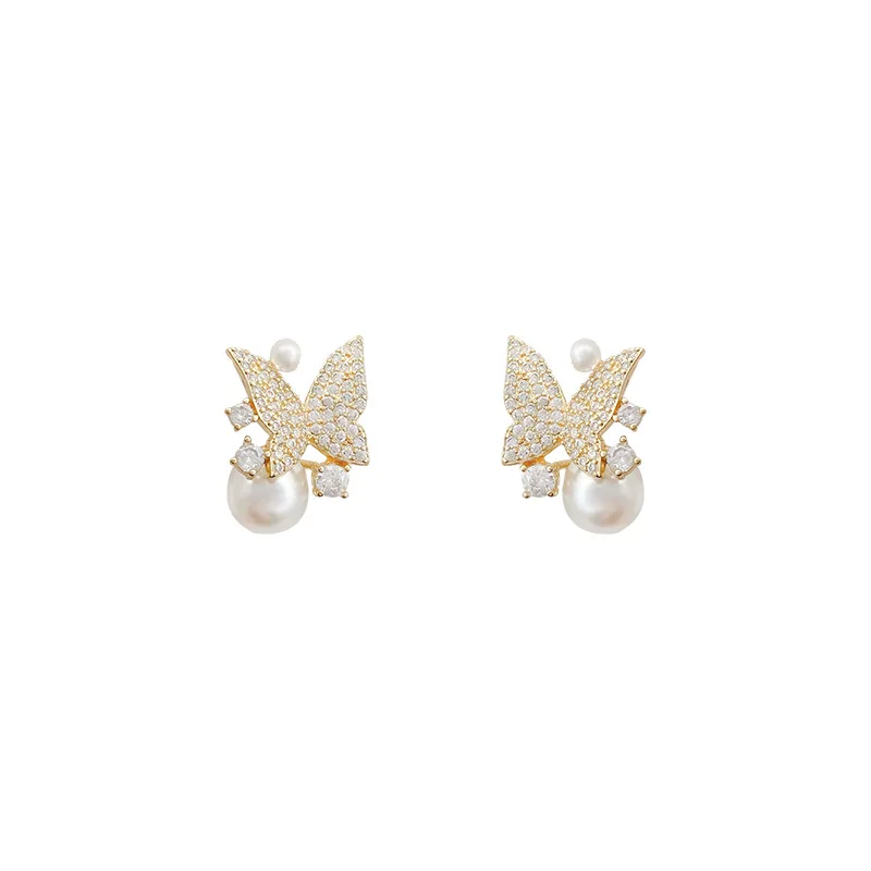 

Hot selling butterfly zircon earrings Korean simple pearl earrings designer earrings, Gold color