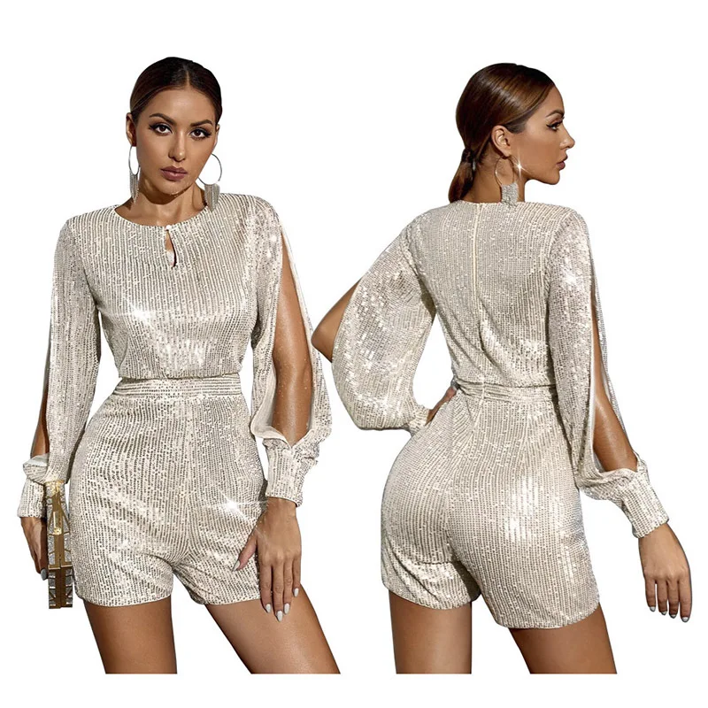 

Fashion Designer Shorts One Piece Outfits Shiny Hollow Out Split Long Sleeve Bodysuit Sequin Jumpsuit For Women Elegant Ladies