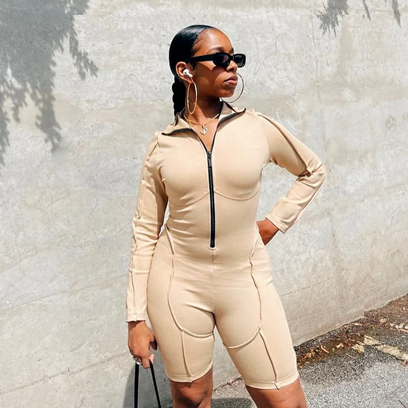 

Fall New Styles Wear Solid Color Long Sleeved Sexy Tight Shorts Khaki Jumpsuit