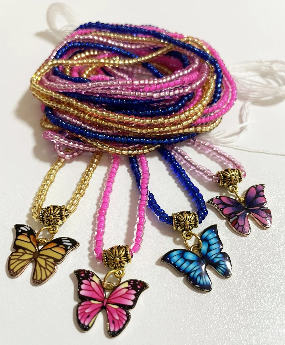 

50inches plus size body jewelry seed beads gold butterfly charm belly chain spiritual waist beads tie on for women weight loss, Colorful