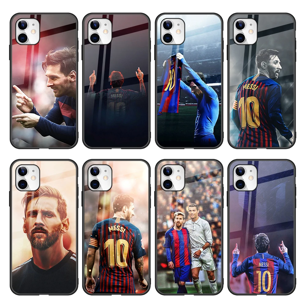 

Football Lionel Messi Tempered Glass Phone Case for iPhone Case XS 7/8 11 SE2020 Cover for Samsung Note 20 Ultra, Black