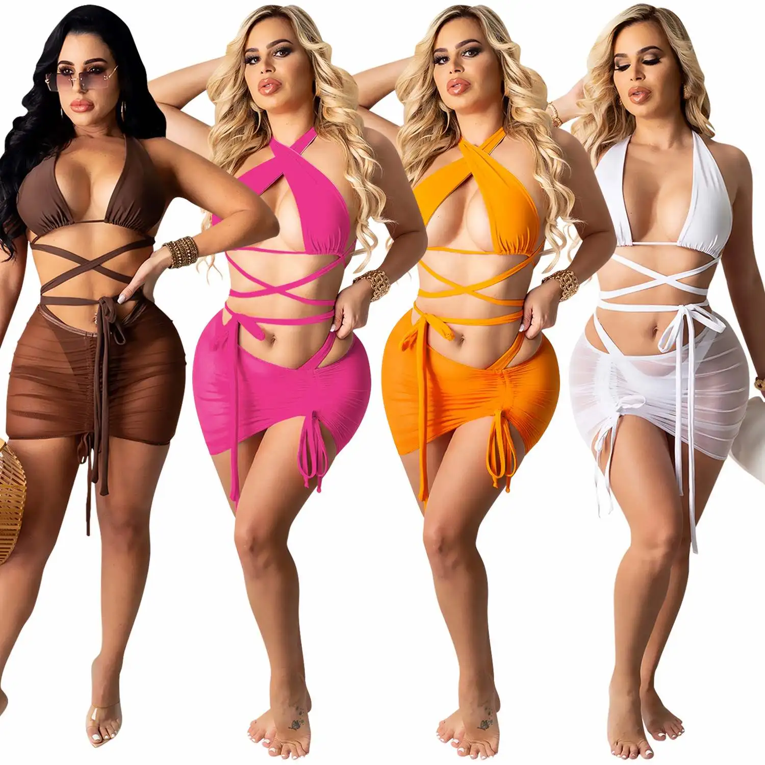 

2021 New arrivals women ladies sexy 3 piece swimsuit hollow out bandage mesh beach dress set, Photos show