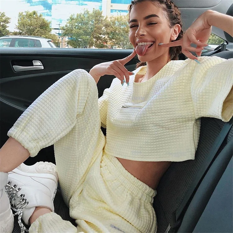 

Casual Streetwear Short Sleeve Crop Tops T-shirts High Elastic Waisted Sweet Pants Women Sport Suit, Beige