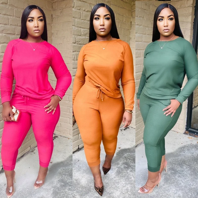 

4XLHot new Plus size women solid round collar thick casual pants suit chill sets long sleeve fall and winter 2 piece set, Shown