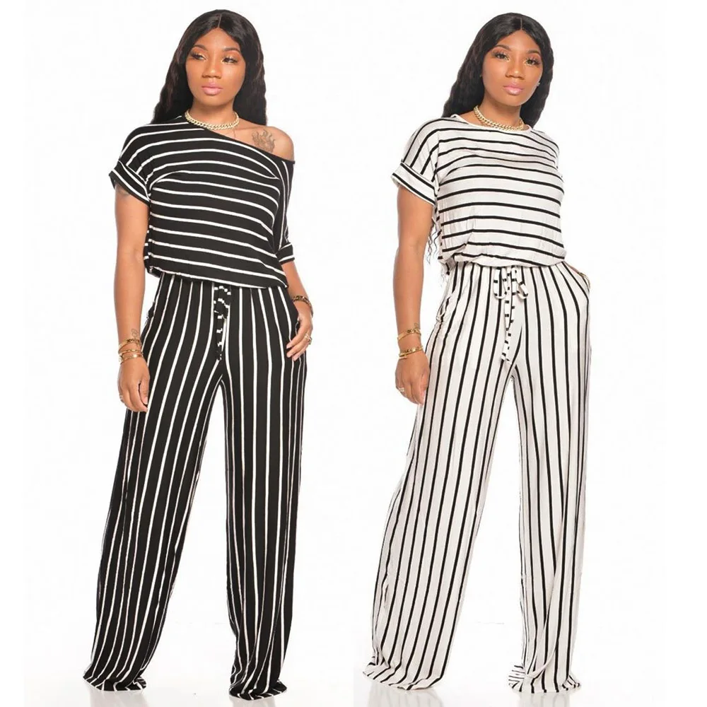 

Wholesale Amazon Ebay Hot Sale Crew Neck Tracksuit Striped Drawstring Outfits Wide Leg Pants High Waist Casual Two Piece Sets, Shown