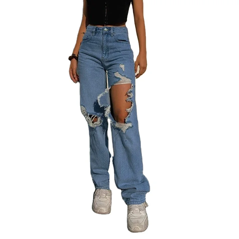 

J&H Street shooting hot girl broken hole high waist wash old jeans early autumn new personality loose show slim pants, 1 colors as picture