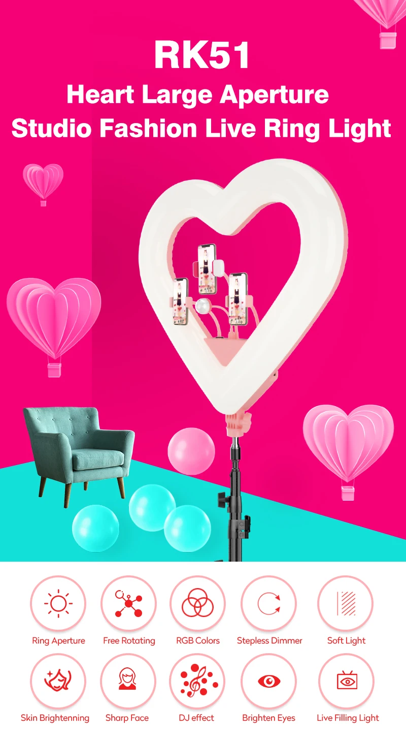 Photography Lighting Heart Shaped Ring Light 3200k-5500k Dimmable LED Selfie Ring Light with tripod For Live