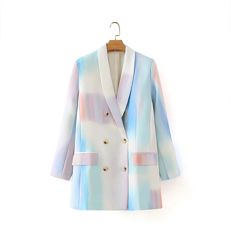 

Autumn New Style Casual Simple Mid-length Suit Women Loose And Thin Fashion Printed Double-breasted Blazer