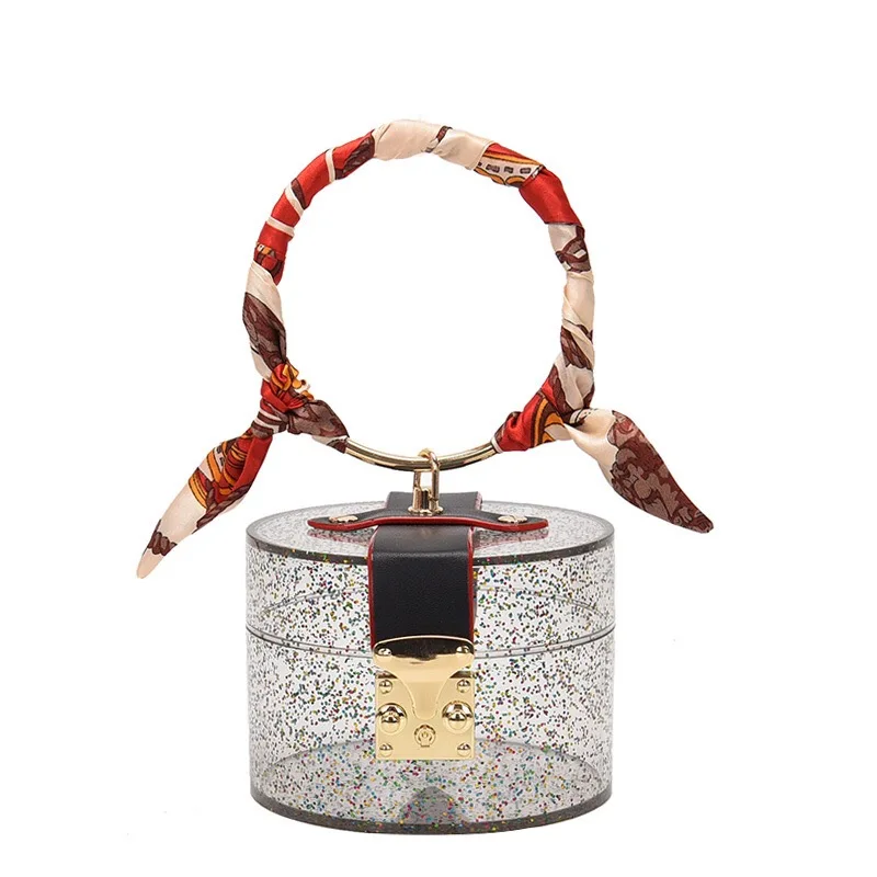 

Barrel-shaped Jelly Evening Handbags PVC Fashion Women Round Metal Handle Transparent Shoulder Bag Mini Clear Small Clutch Bag, 5color as picture