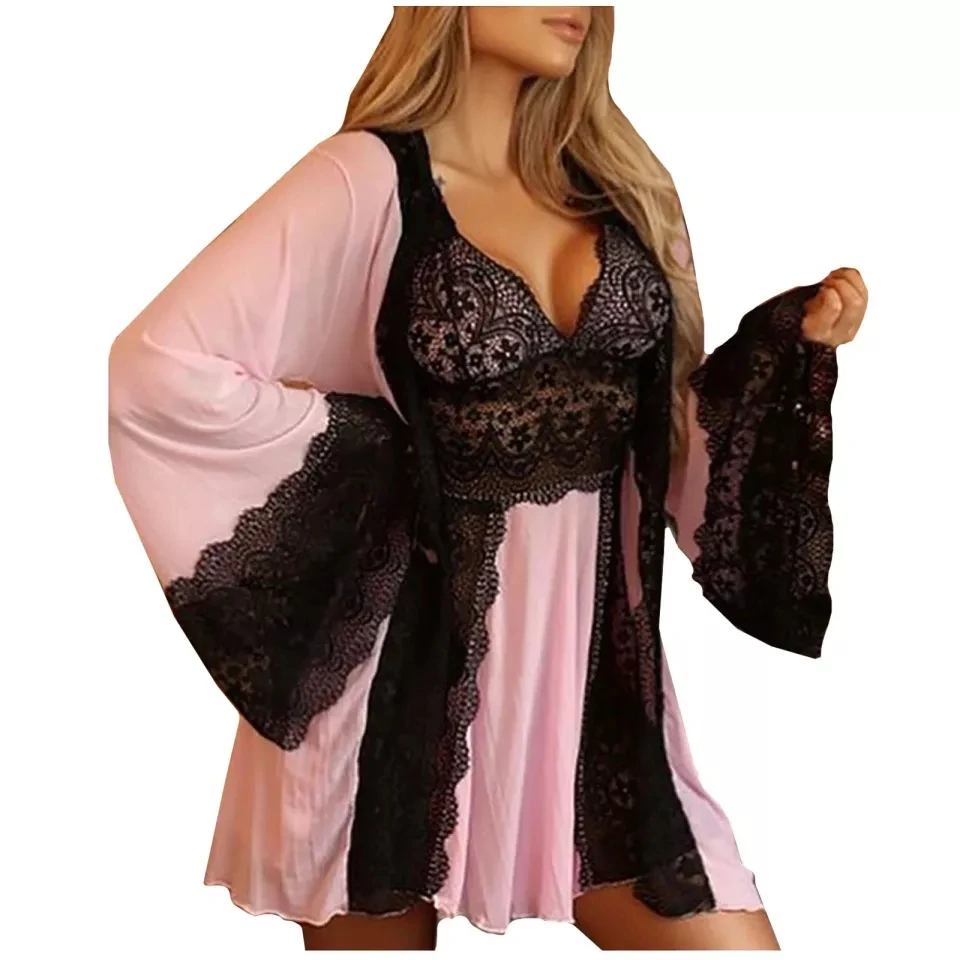 

Sexy Lace Sleepwear Two-piece Silk Robes Nightgown Sets Sleepwear Women Pajama Night Suits Dress Nightgown Sets Long Sleeve