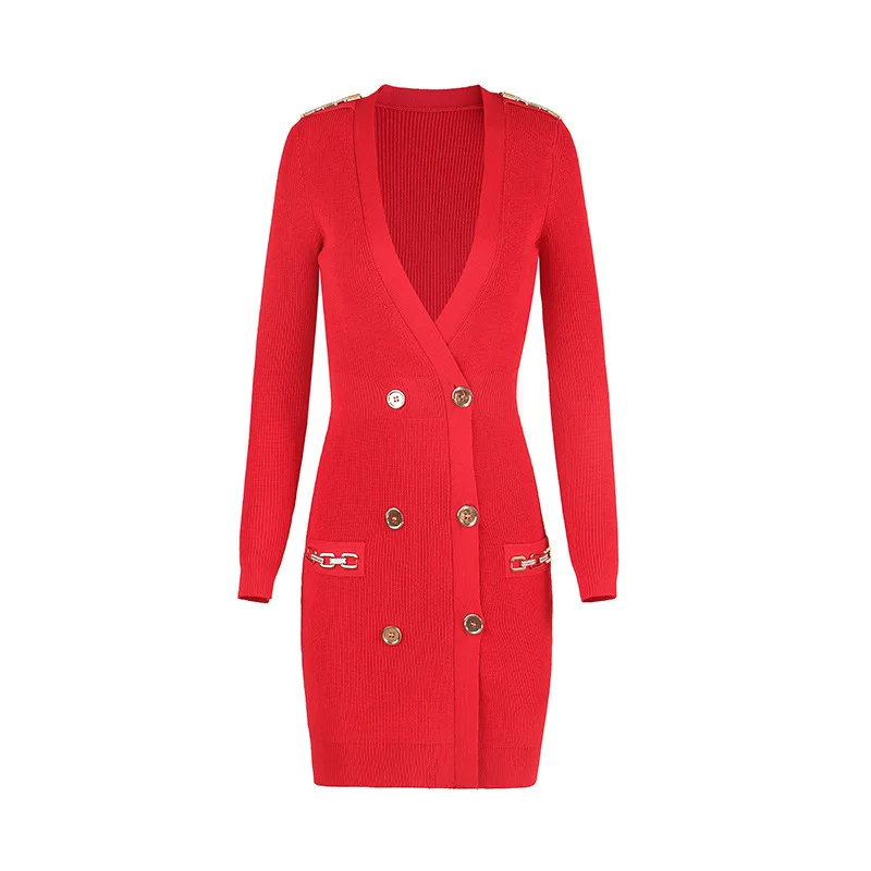 

new arrival elegant red long sleeve career dresses vintage dress v neck ladies ol women office midi knitted dress