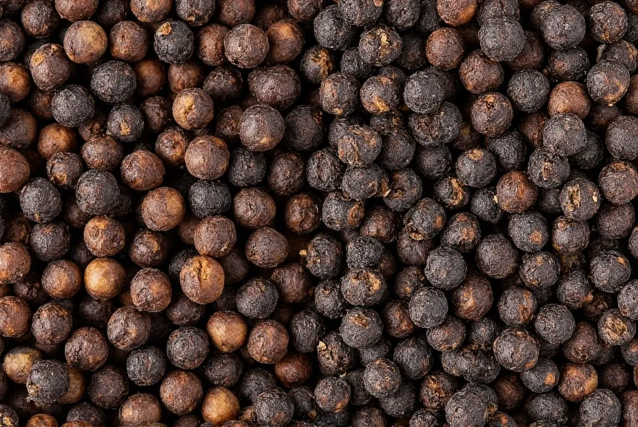 Close-up comparison of fresh black peppercorns versus stale ones showing color difference