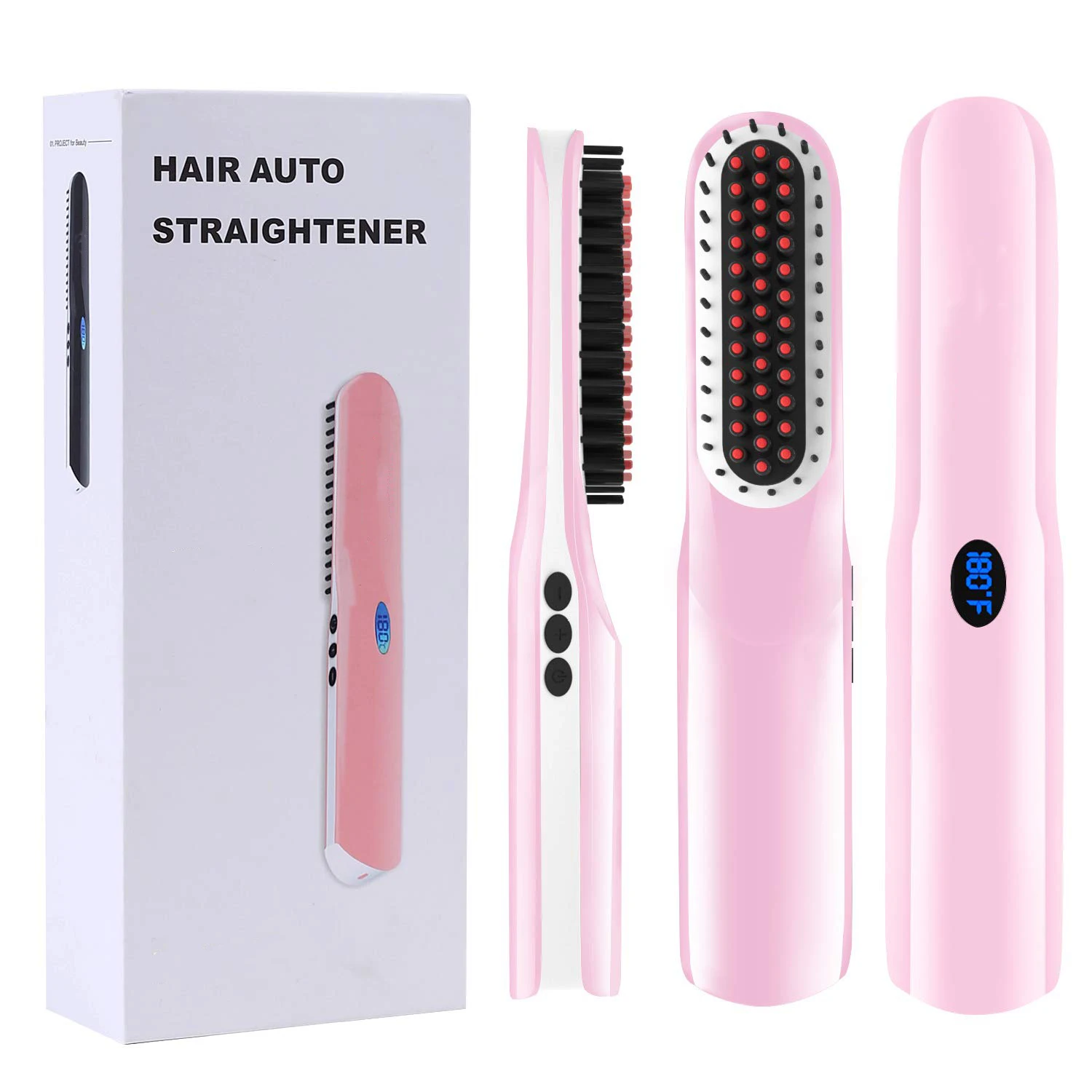 

Portable USB Rechargeable LCD Display Anti Scald Electric Heated Beard & Hair Ionic Straightener Brush for Men & Women - Pink, White/pink/red