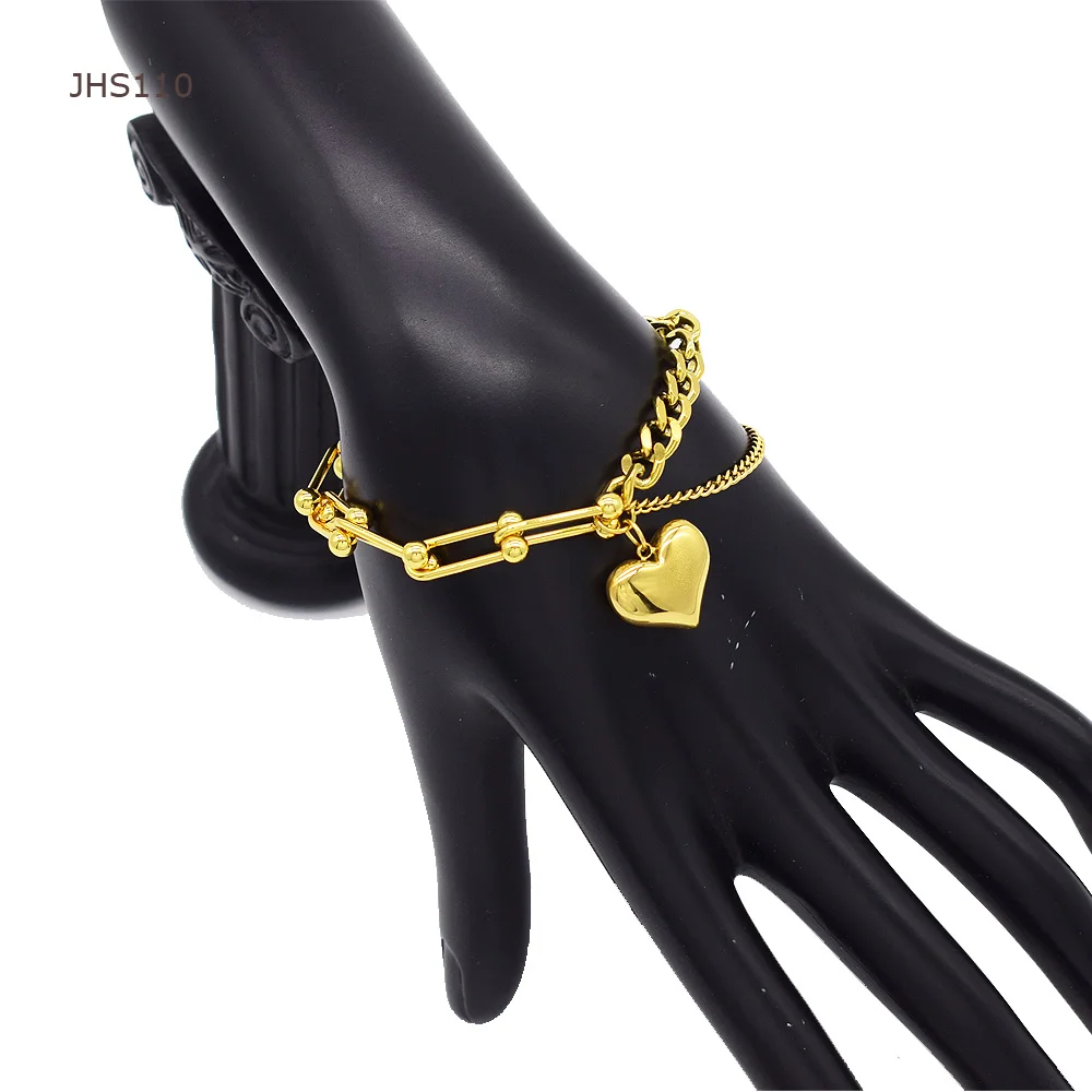 

JHS110 Ladies Jewelry Set Miami Cuban Chain Bracelet Hand Heart Shape 18K Gold Plated Stainless Steel Bracelet Accessories