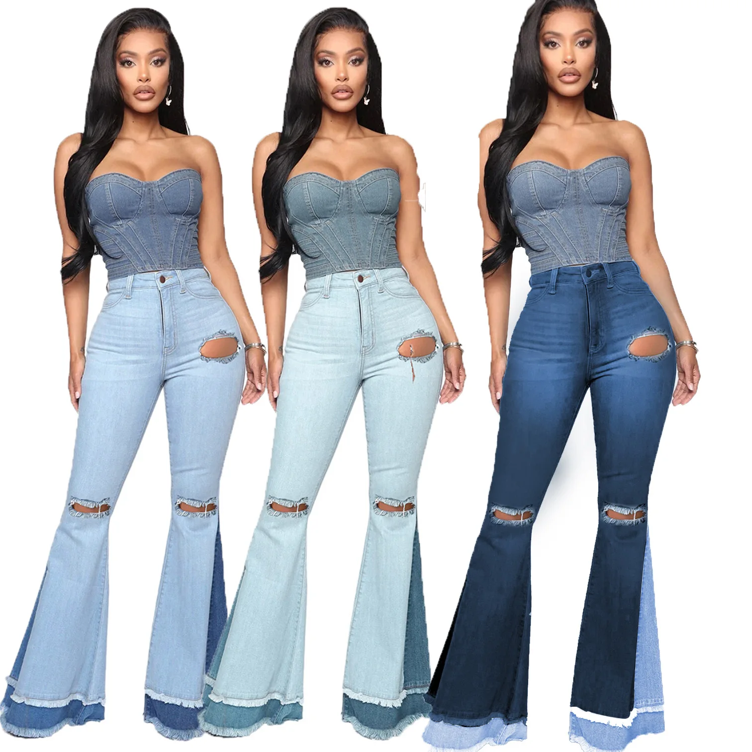 

Wholesale Amazon Hot Sale High Waist Sexy Fashion All Match Wide Legs Splicing Knee Hole Flares Trousers Denim Women's Jeans, Shown