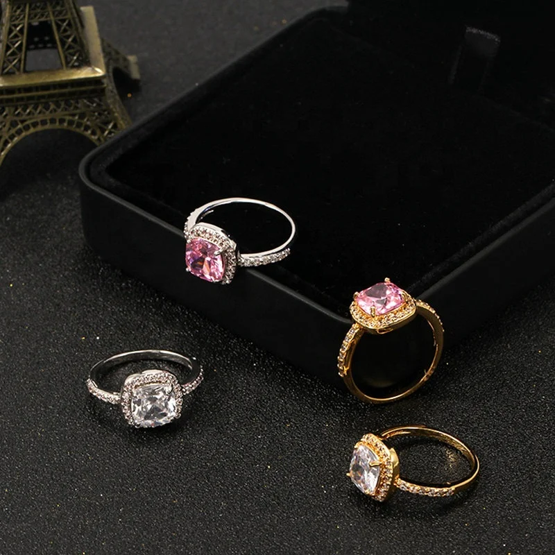 

Gold Plated Square Halo Pink White Champagne CZ Diamond Anniversary Silver Gift Women Rings