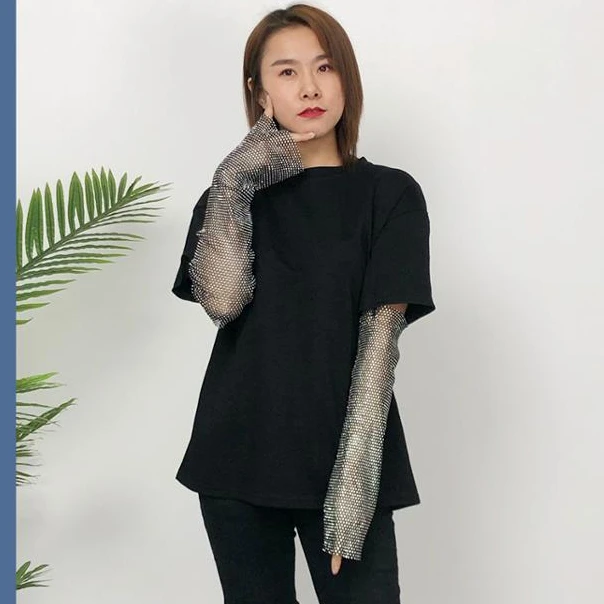 

new arrival for spring fake long-sleeved blouse with rhinestone t-shirts and hollowed-out blouses for women