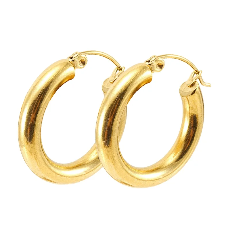 

Waterproof 14k Gold Plated Dainty Thick Round Stainless Steel Hoop Earrings for Women
