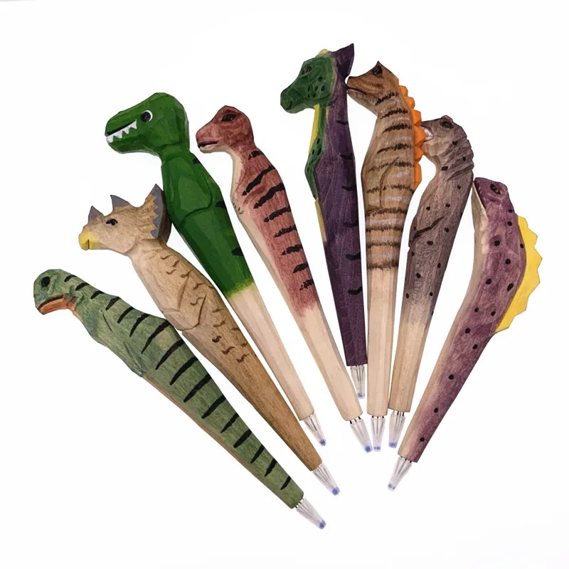 

handmade office supply novelty cute fun wooden dinosaurio pen wood carved dinosaur animal shape writing pens school stationary