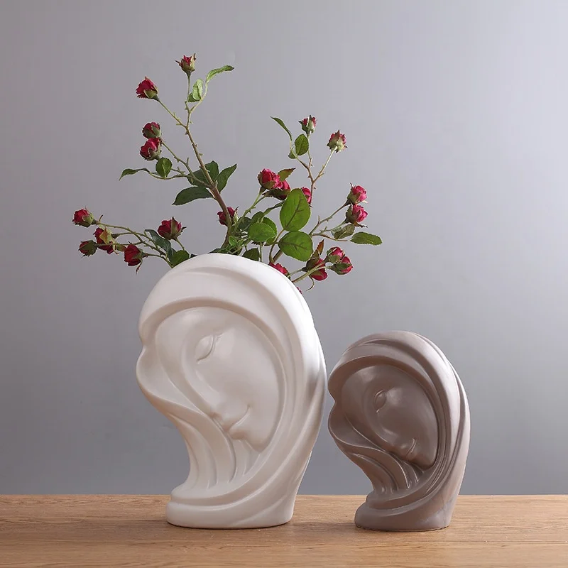

Nordic creative white and grey lady head statue porcelain flower vase decoration