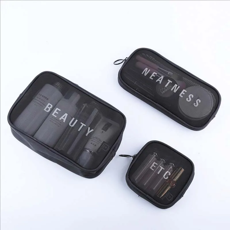 

2022 New Fashion Popular Trendy Black Mesh Makeup Bag Set Custom Eco Small Zipper Pouch Cosmetic Bag
