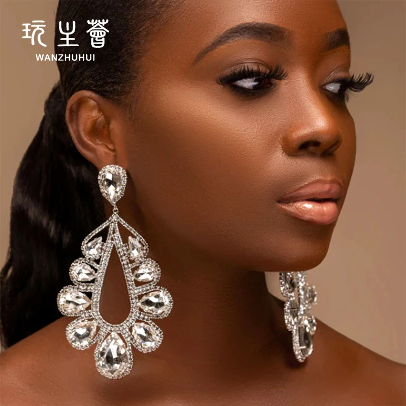 

Wholesale exaggerate irregular shape flower earrings women rhinestone long drop earrings big earrings