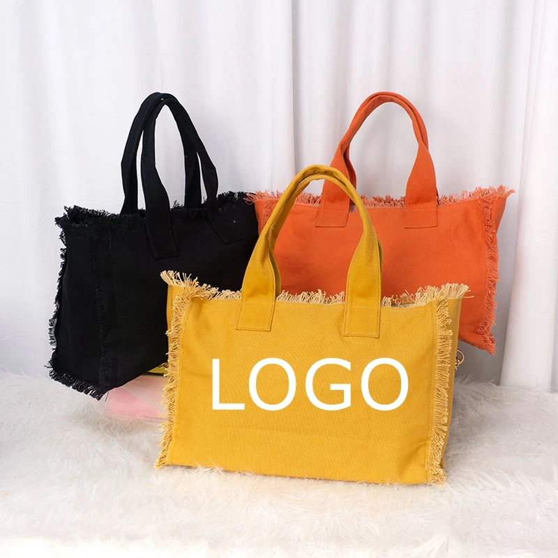 

2022 new arrive women's tote bags custom print tote bag fringed canvas beach bag