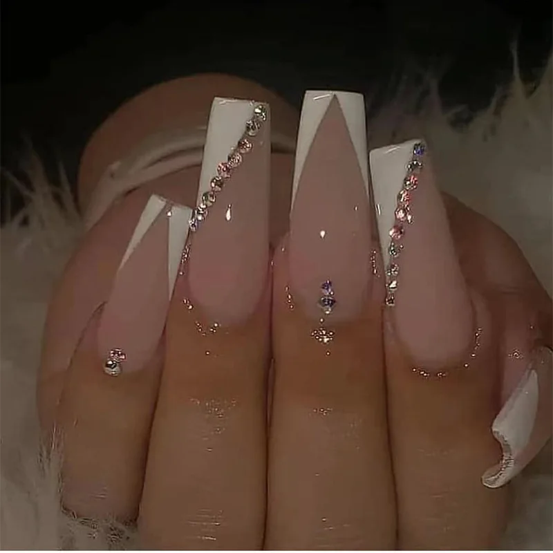 

24PCS /Box White French Luxury Nail Tips Press On Nails With Rhinestones Full Cover Long Artificial Fake Nails