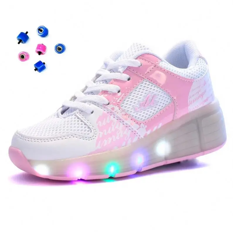 

Kids Fashion Wheels Shoes Charging Luminous Skate Sneakers Boys/Girls Casual Breathable Roller Shoes, Pink / blue/black