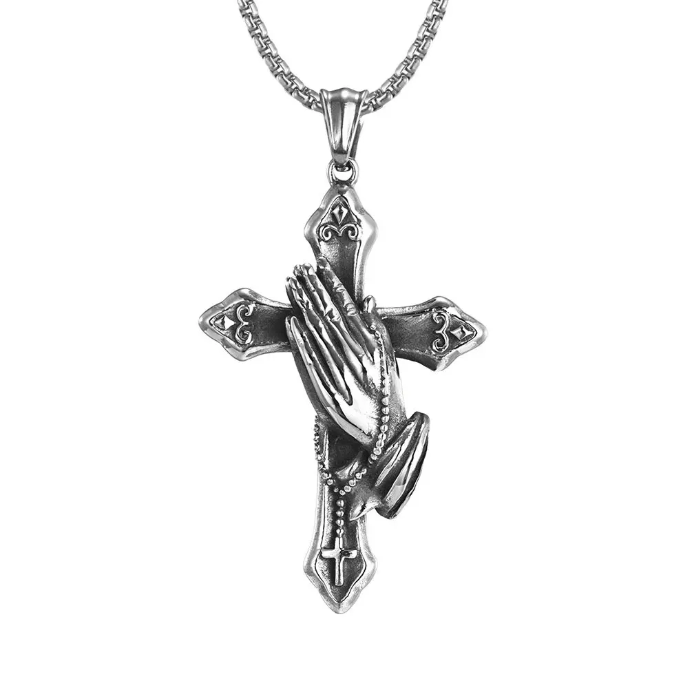 

2022 New Fashion Titanium Cross Charm Necklaces Silver Hand of Prayer Choker Pendants For Men Jewelry Stainless Steel Necklaces