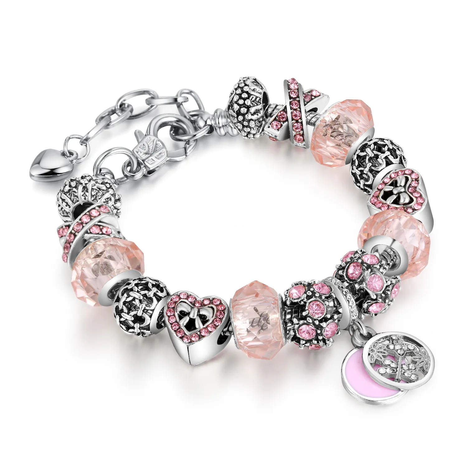 

Shiny Pink Crystal Glass Beads Bracelet Austrian Zirconia Paved Heart Beads Enamel Charm Bracelet Wholesale (SK1297), As picture
