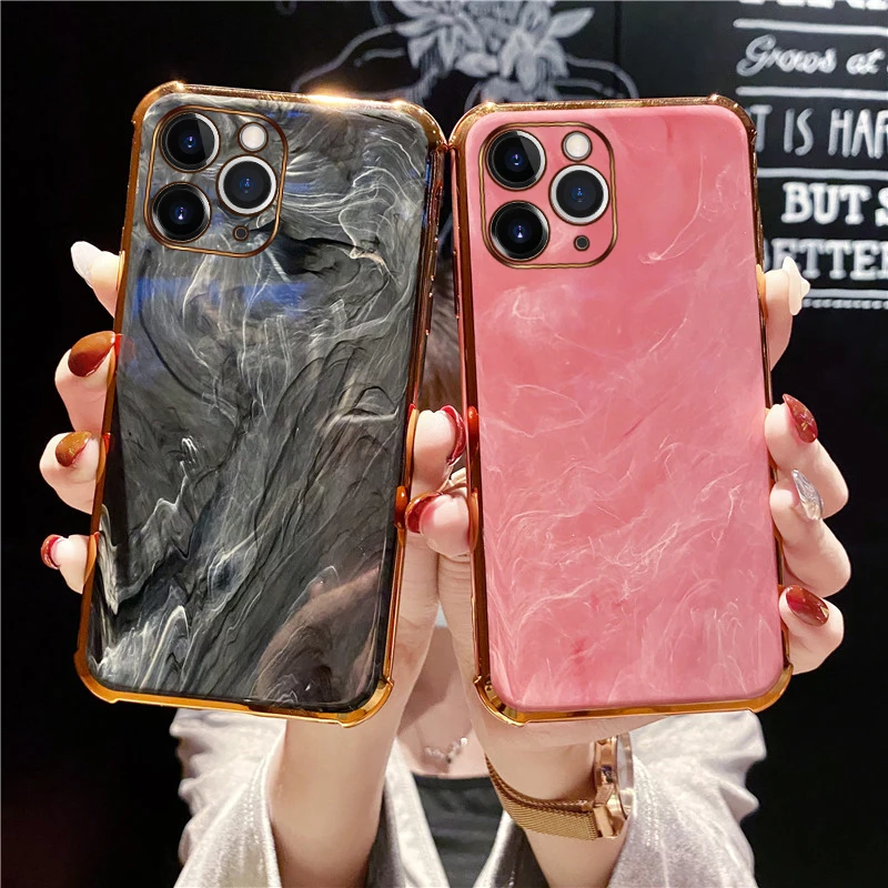 

Luxury Cute Plating Marble Silicone Phone Case For iPhone 12 11 Pro Max XSmax XR 8 7 Plus Ultra-thin Shockproof Protection Cover, Black green gold yellow pink purple colorful silicone phone case