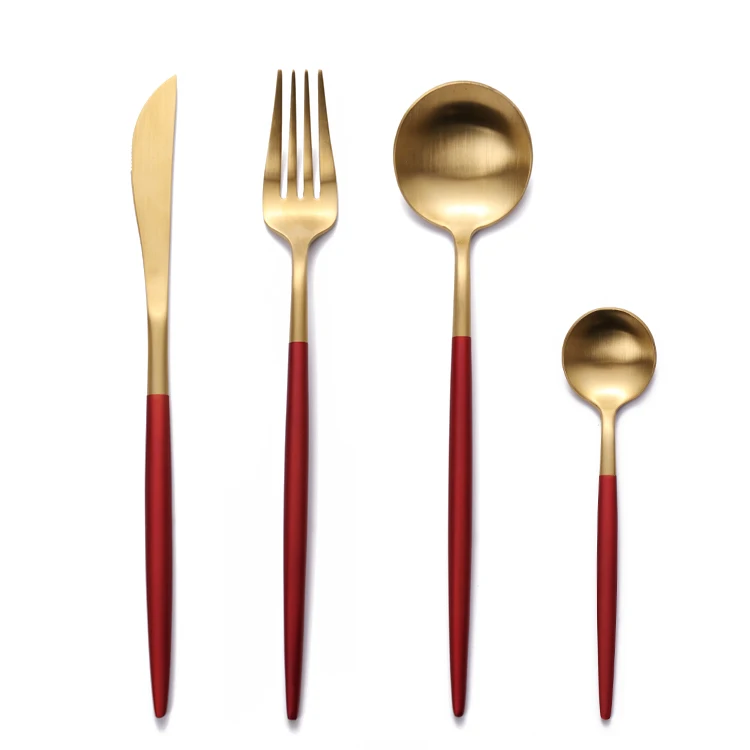 

High Quality Metal Flatware Set Colorful Brushed 304 Stainless Steel Red Gold Plated Portugal Cutlery, Silver, gold, rose gold,blue, black, red, pink, white